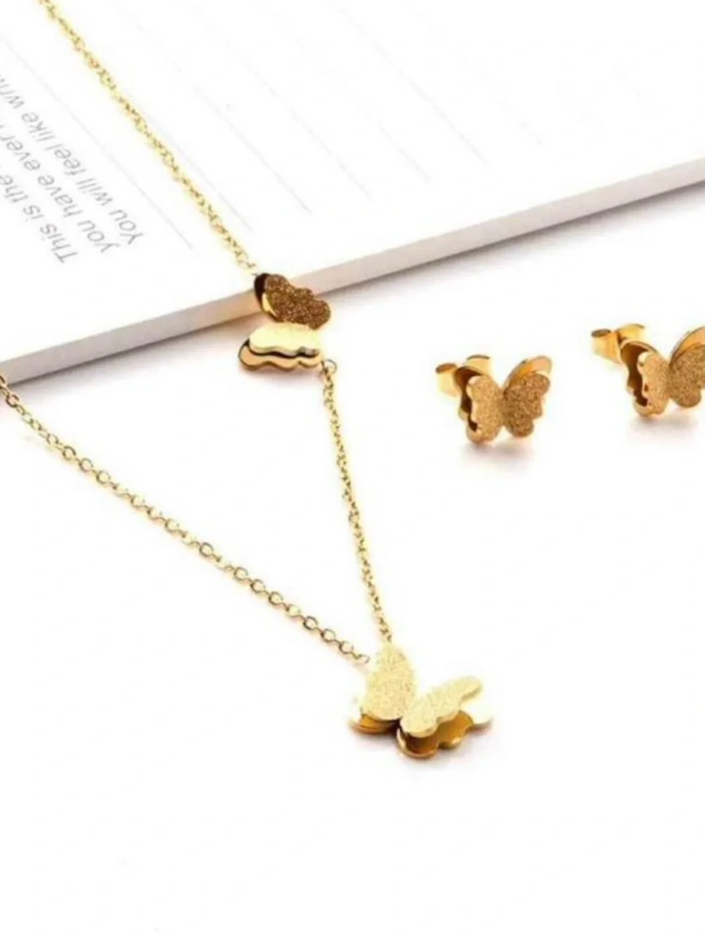 Gold Butterfly Pendant Necklace and Earrings Set - Women Jewelry
